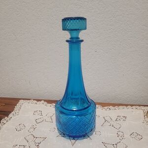 Vintage Belgian Aqua Blue Cut Glass Decanter Genie Bottle Stopper MCM 0.5L